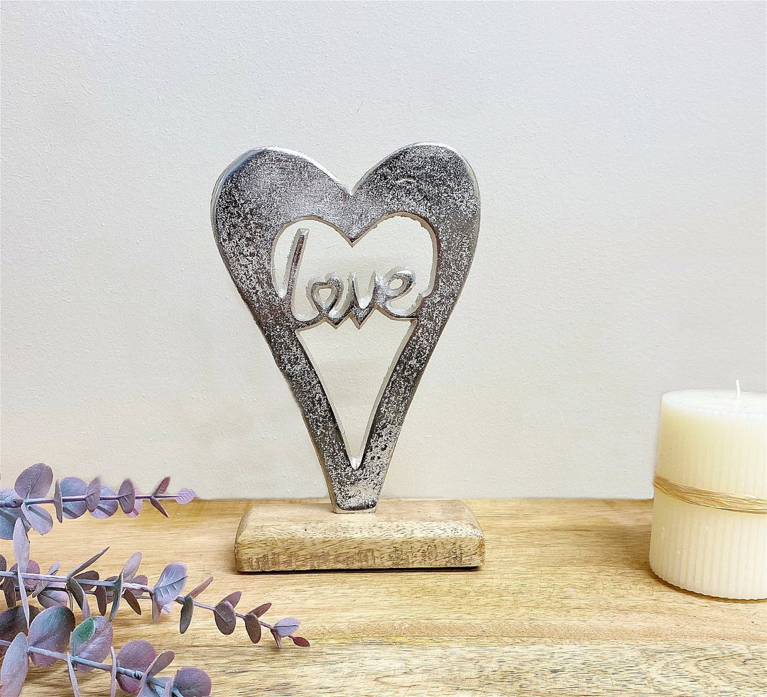Metal Silver Heart Love On A Wooden Base Small - Smiddy Furniture-2