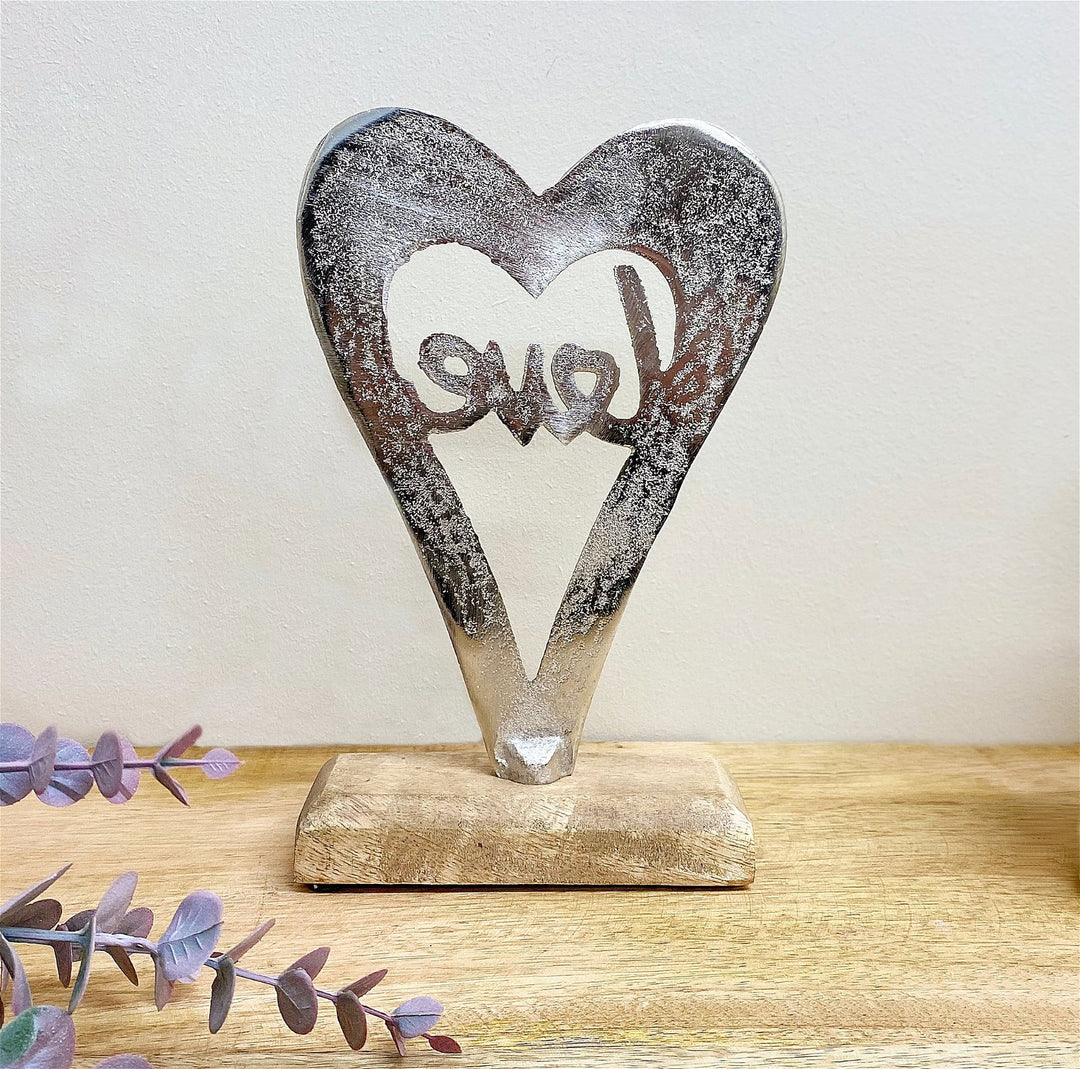 Metal Silver Heart Love On A Wooden Base Small - Smiddy Furniture-3