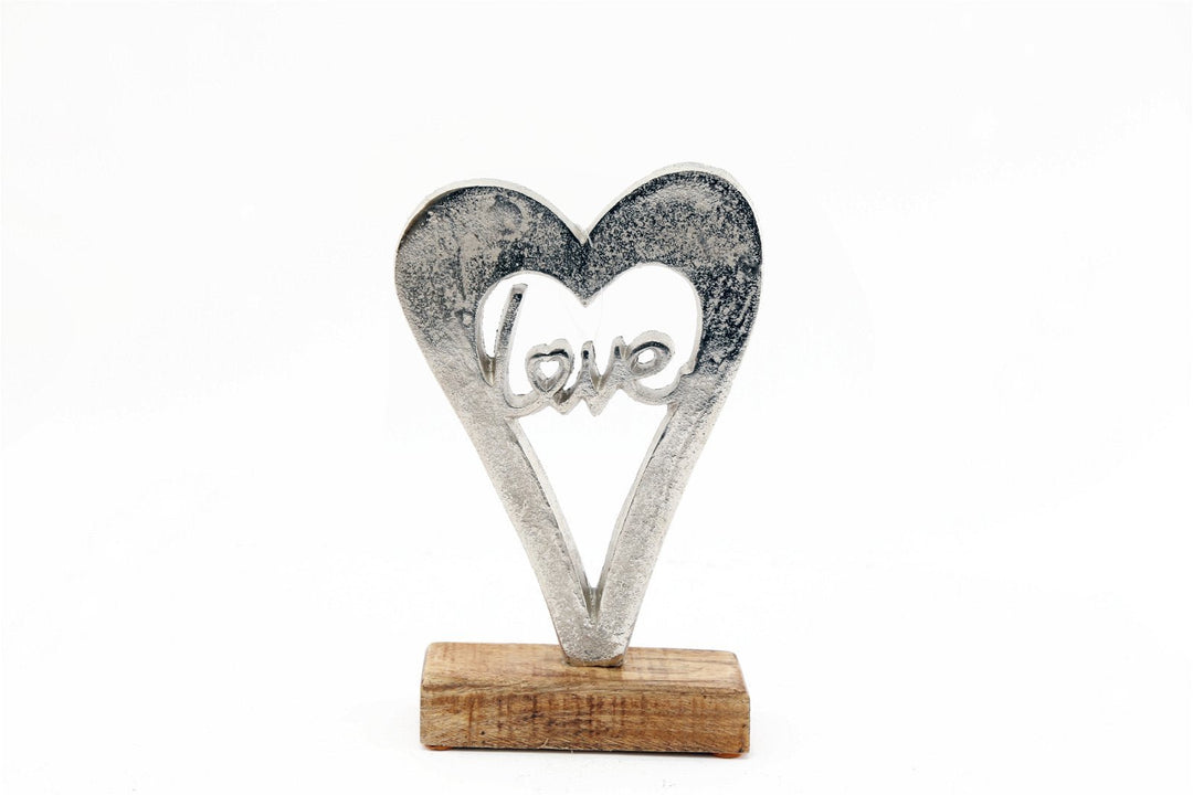 Metal Silver Heart Love On A Wooden Base Small - Smiddy Furniture-1