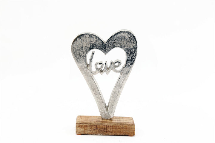 Metal Silver Heart Love On A Wooden Base Small - Smiddy Furniture-1