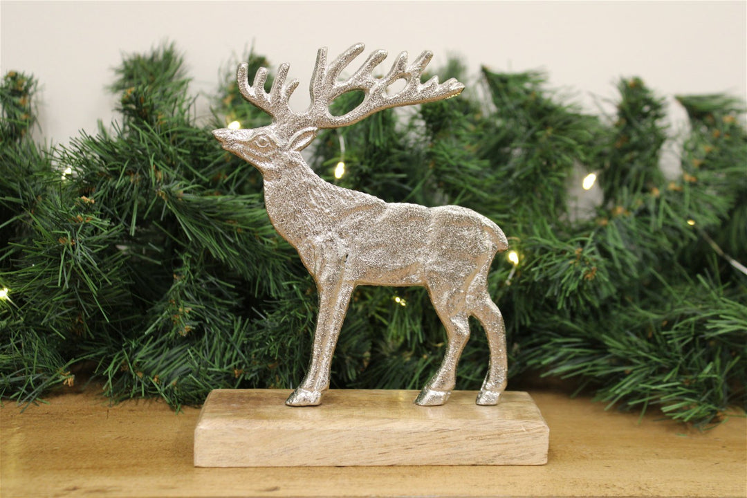 Silver Reindeer On Wood Base Large - Smiddy Furniture-3
