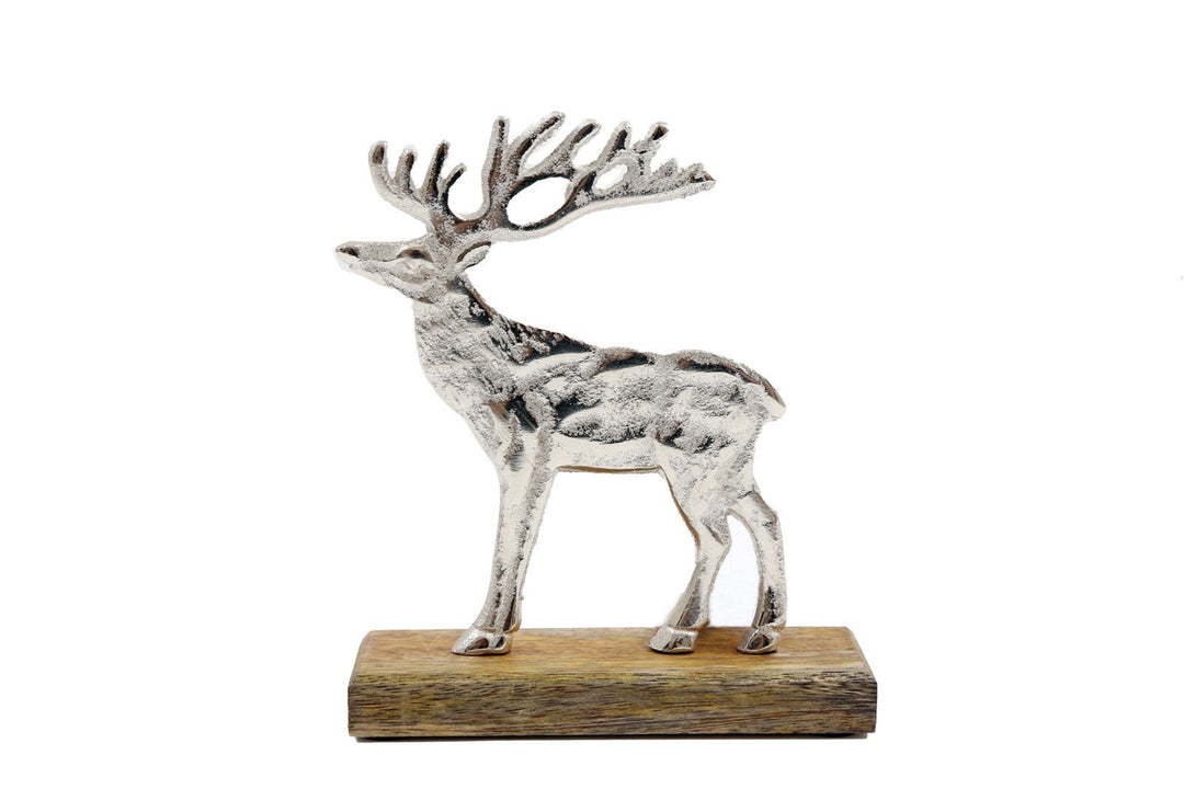 Silver Reindeer On Wood Base Large - Smiddy Furniture-1