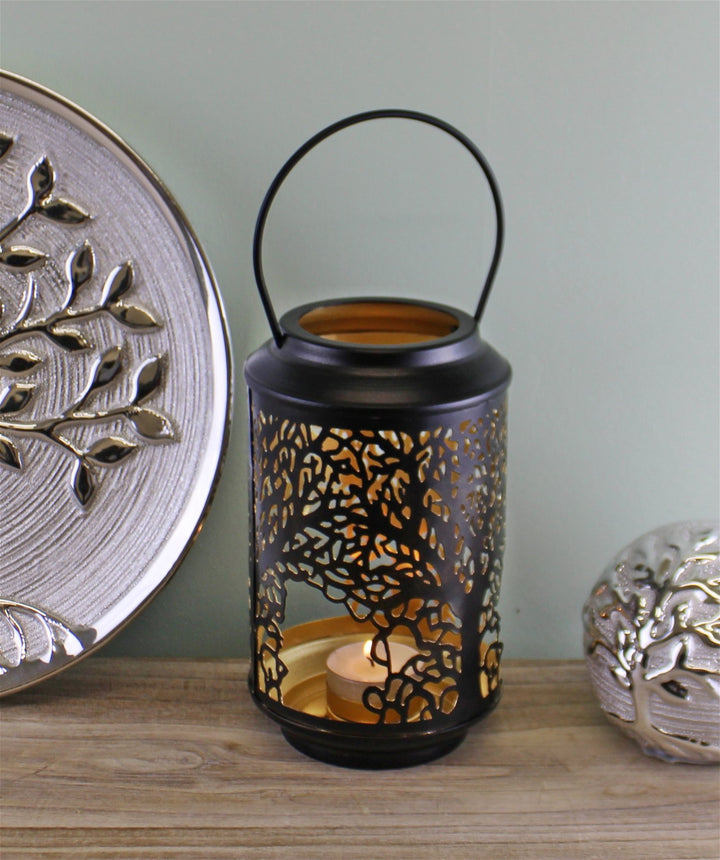 Small Tree Of Life Cutout Design Black Candle Lantern - Smiddy Furniture-3