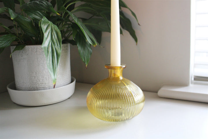 Yellow Ribbed Glass Candle Holder - Smiddy Furniture-3