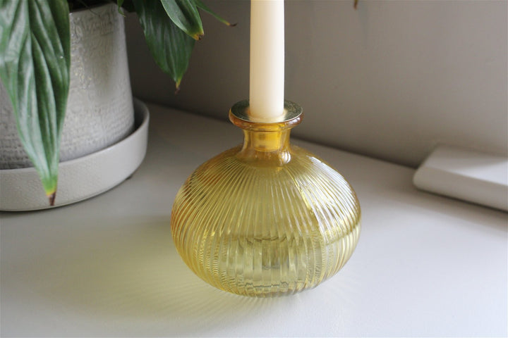 Yellow Ribbed Glass Candle Holder - Smiddy Furniture-4