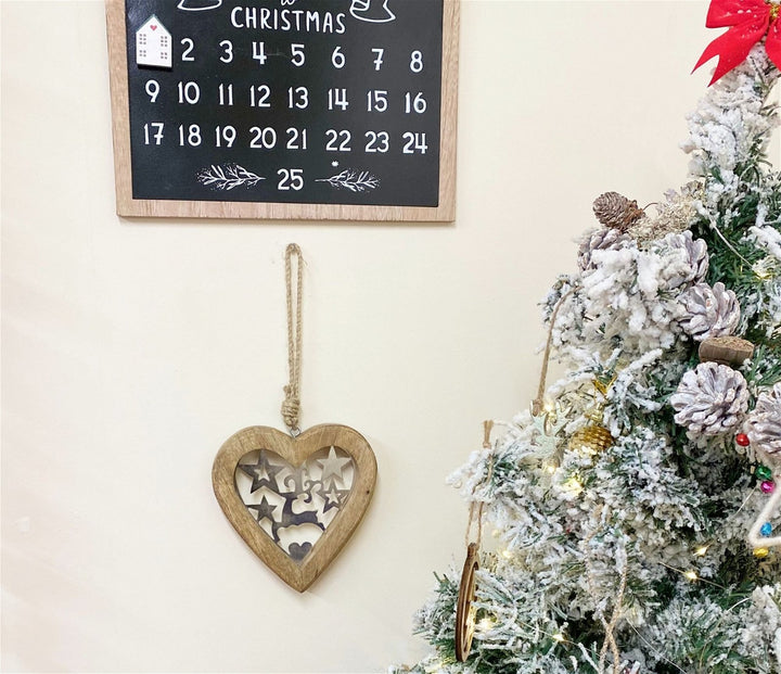 Small Wood Hanging Heart With Metal Reindeer & Stars - Smiddy Furniture-2