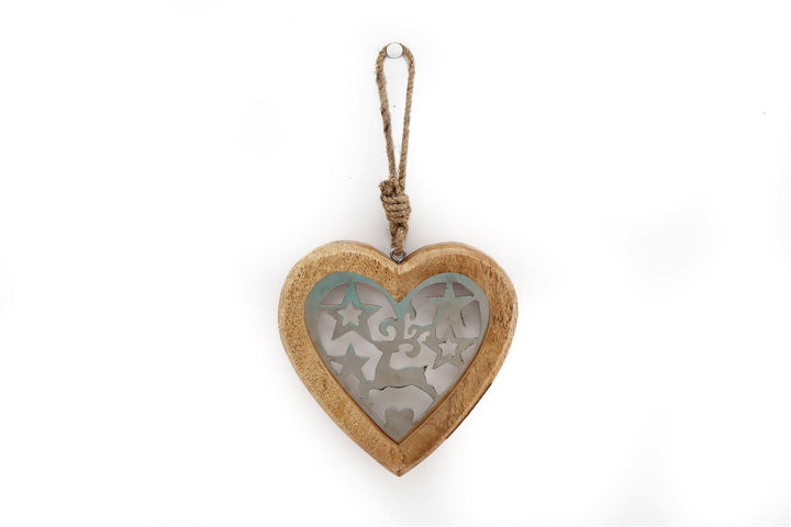 Small Wood Hanging Heart With Metal Reindeer & Stars - Smiddy Furniture-1