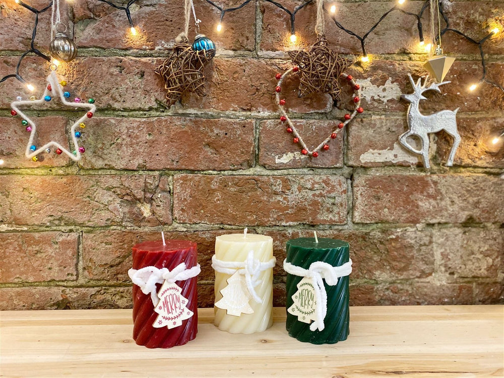 Three Twist Pillar Candles, Green, Cream & Red - Smiddy Furniture-2