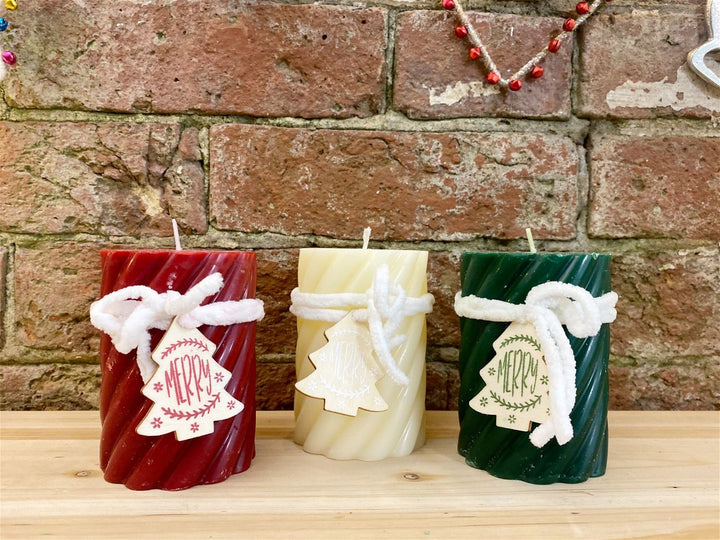 Three Twist Pillar Candles, Green, Cream & Red - Smiddy Furniture-3
