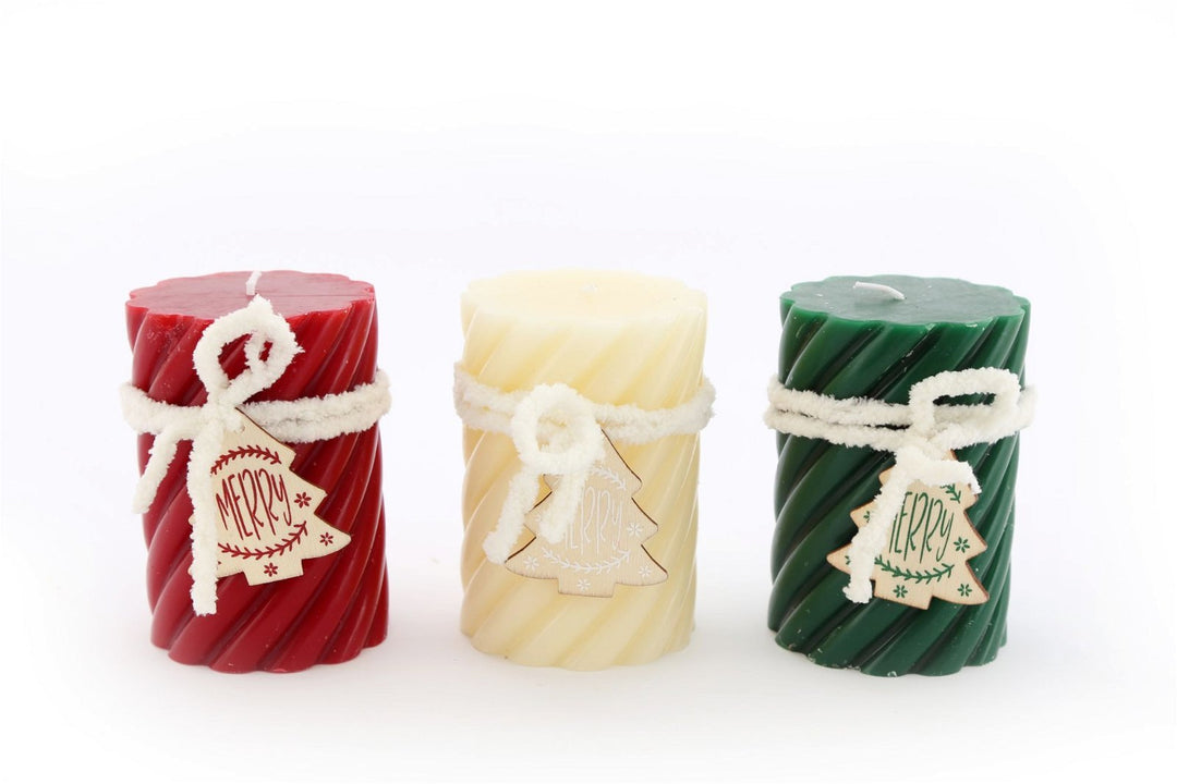 Three Twist Pillar Candles, Green, Cream & Red - Smiddy Furniture-1